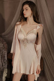 A-Line Deep V-Neck Satin Straps Backless Nightgown and Robe Set