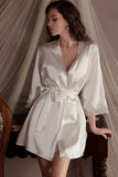 Spaghetti Straps Deep V-Neck Satin Slit Short Nightdress Robe Set