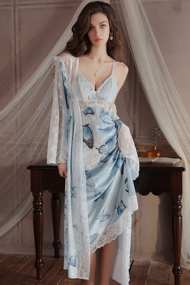 Spaghetti Straps Butterfly Print V-Neck Long Nightgown and Robe Set
