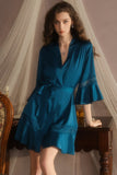 Spaghetti Straps A-Line Satin Empire-Waist V-Neck Appliques Short Nightgown and Robe Set