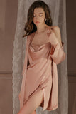 Simple A-Line Slit Sleeveless Satin Short Nightgown and Robe Set