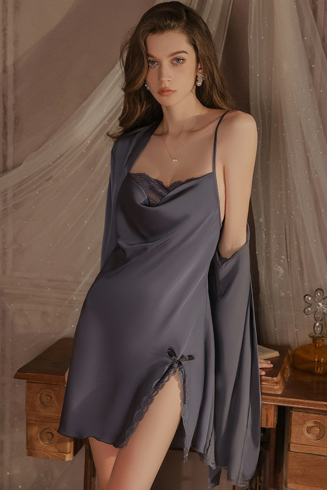 Simple A-Line Slit Sleeveless Satin Short Nightgown and Robe Set
