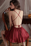 Plunging V-Neck Satin Spaghetti Straps A-Line Empire-Waist Short Nightgown and Robe Set