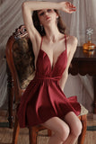 Plunging V-Neck Satin Spaghetti Straps A-Line Empire-Waist Short Nightgown and Robe Set