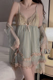 Spaghetti Straps Ruffles V-Neck Tulle Sleeveless Short Nightgown and Robe Set