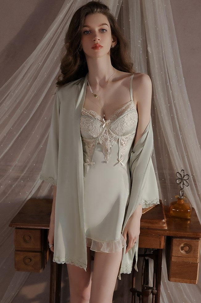 Spaghetti Strap V-Neck with Padded Cups Sweet Lace and Silky Satin Nightgown Robe Set