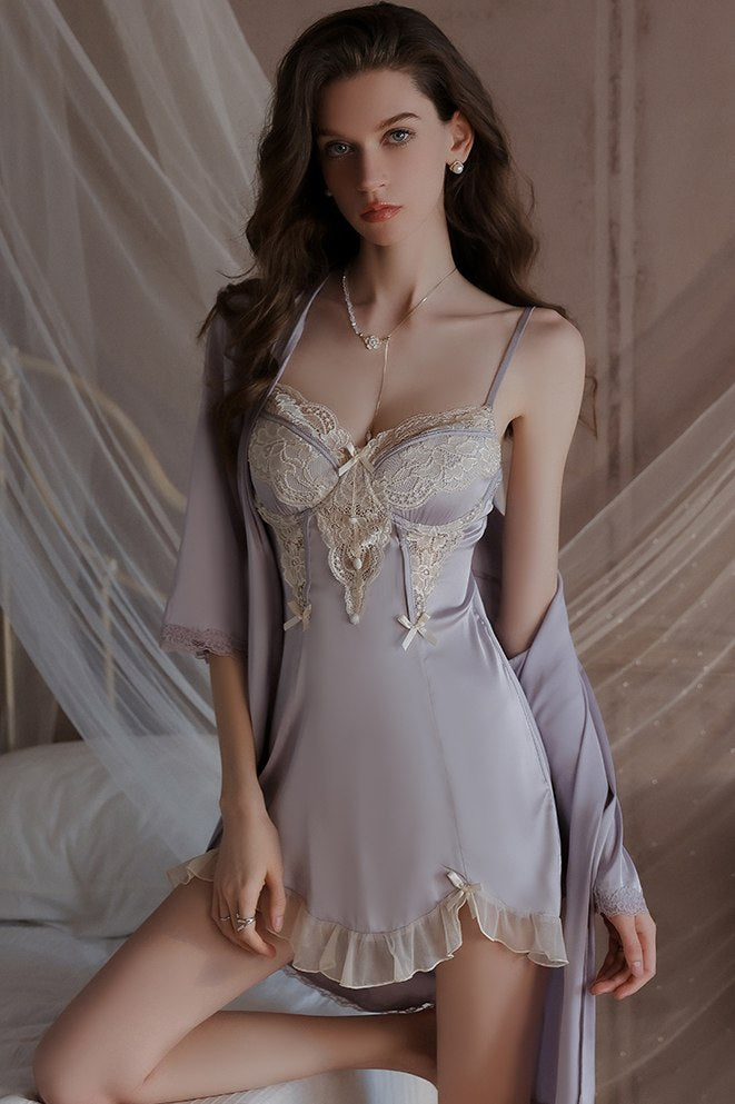 Spaghetti Strap V-Neck with Padded Cups Sweet Lace and Silky Satin Nightgown Robe Set