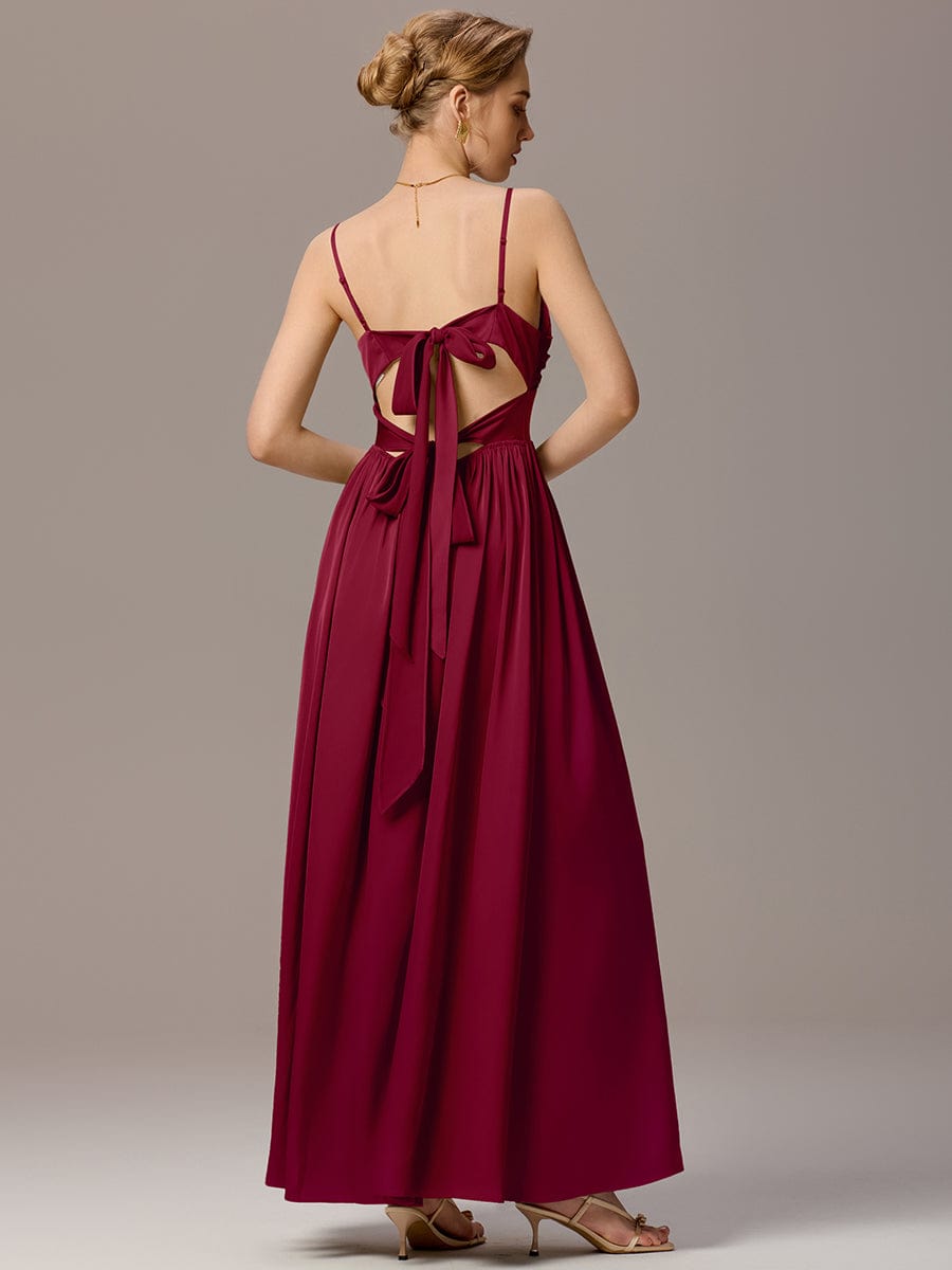 Spaghetti Straps Pleated Tie Satin Sleeveless Bridesmaid Dress