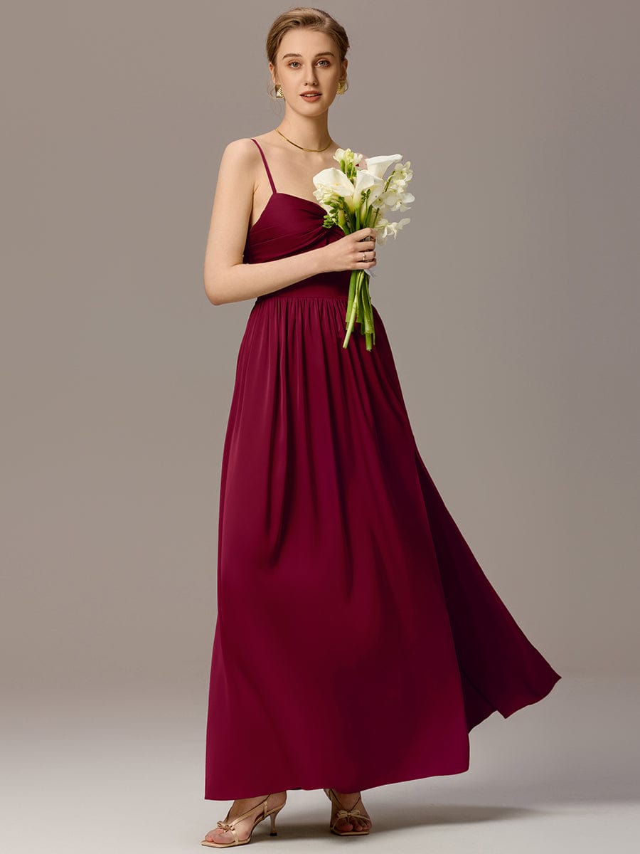 Spaghetti Straps Pleated Tie Satin Sleeveless Bridesmaid Dress