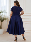 A-Line Plus Size V-Neck Lace Empire-Waist Cocktail Dress with Pockets