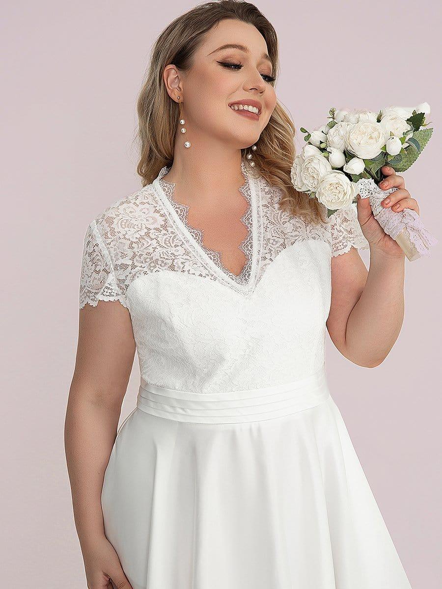 A-Line Plus Size V-Neck Lace Empire-Waist Cocktail Dress with Pockets