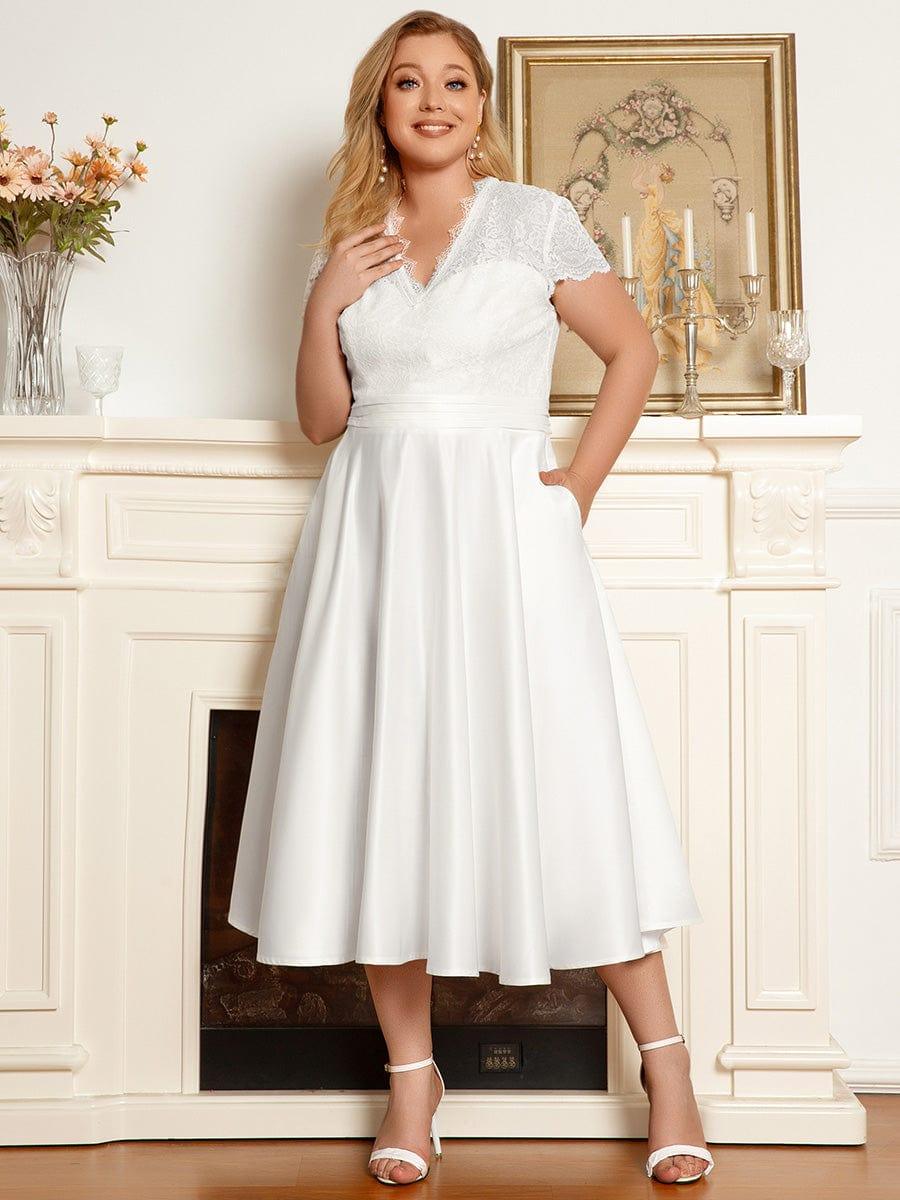 A-Line V-Neck Lace Empire-Waist Pleated Wedding Guest Dress with Pockets