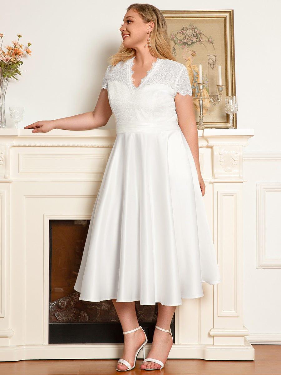 A-Line V-Neck Lace Empire-Waist Pleated Wedding Guest Dress with Pockets