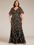 Plus Size Mermaid V-Neck Sequin Appliques Short Sleeves Evening Dress