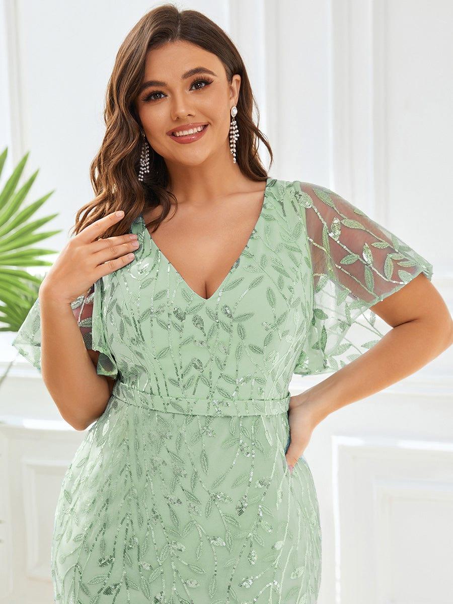 Plus Size Mermaid V-Neck Sequin Appliques Short Sleeves Evening Dress