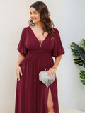 A-Line V-Neck Short Sleeves Pleated Chiffon Evening Dress with Slit