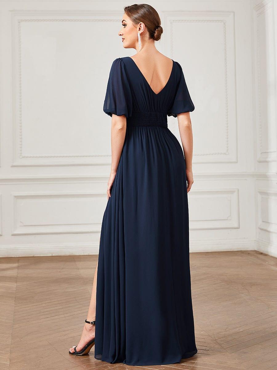 A-Line Chiffon Illusion V-Neck Puffy Sleeves Evening Dress with Slit