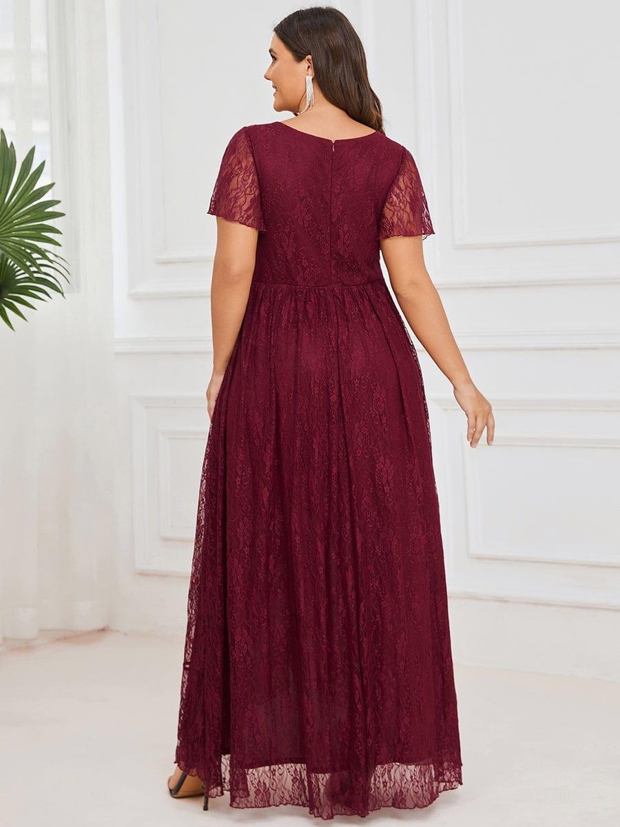 A-Line V-Neck Ruffles Lace Short Sleeve Formal Evening Dress