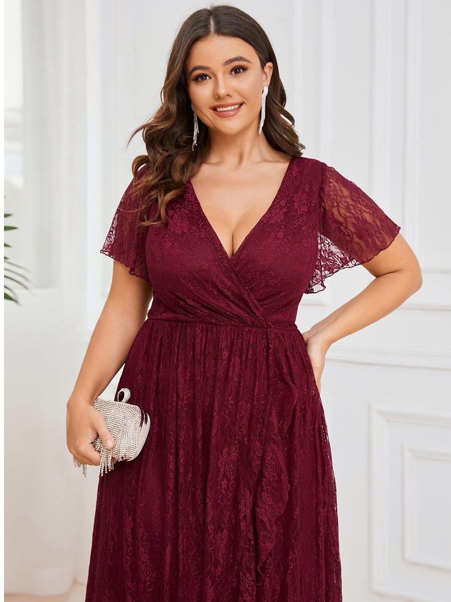 A-Line V-Neck Ruffles Lace Short Sleeve Formal Evening Dress