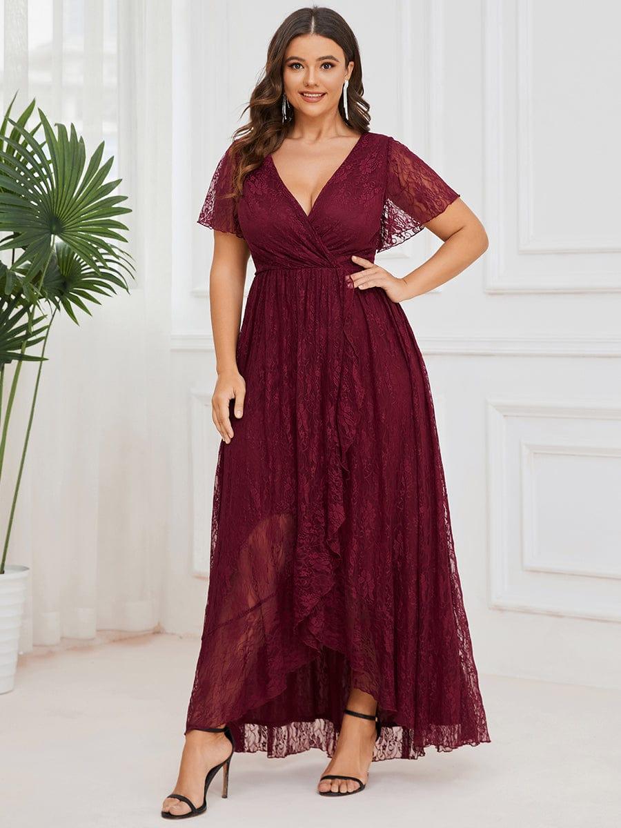 A-Line V-Neck Ruffles Lace Short Sleeve Formal Evening Dress