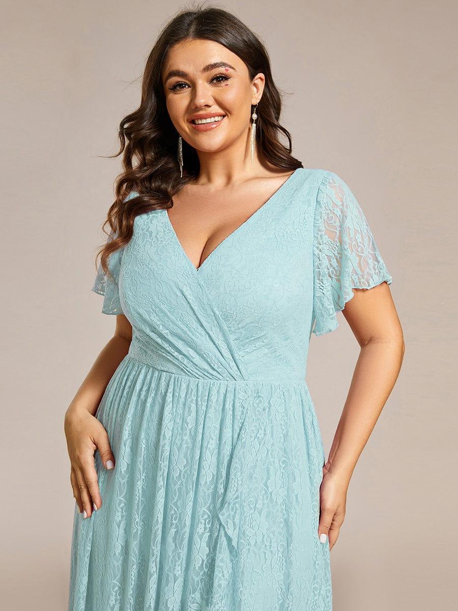 A-Line V-Neck Ruffles Lace Short Sleeve Formal Evening Dress