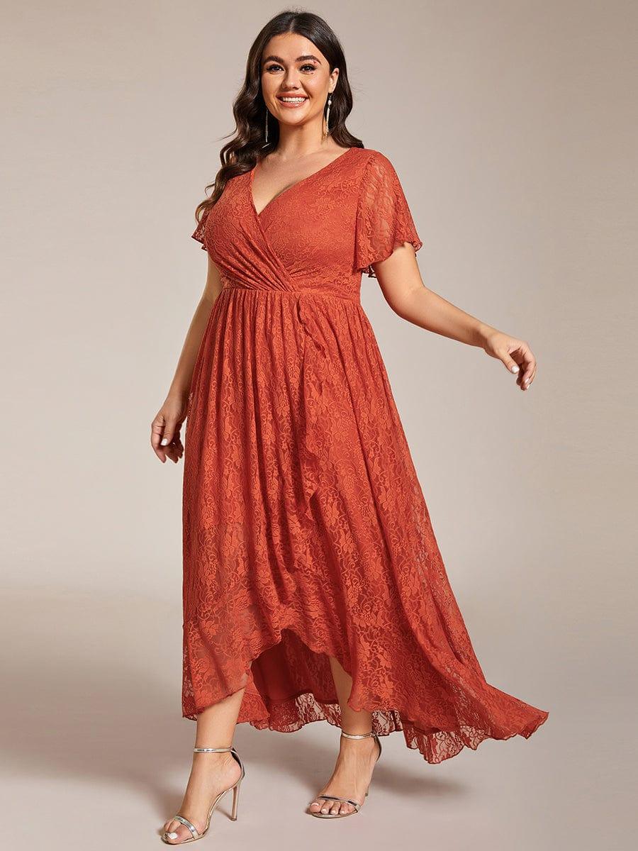 A-Line V-Neck Ruffles Lace Short Sleeve Formal Evening Dress