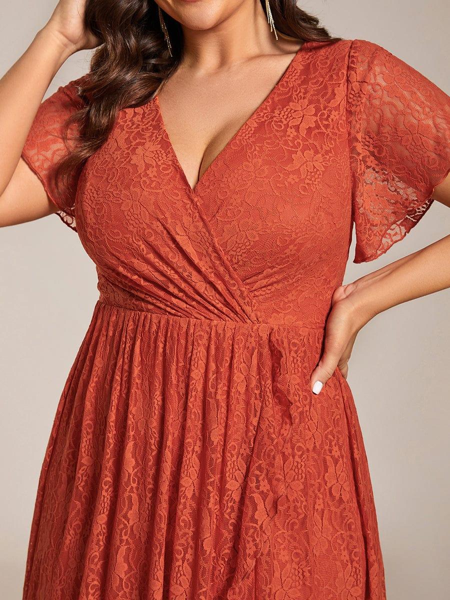 A-Line V-Neck Ruffles Lace Short Sleeve Formal Evening Dress