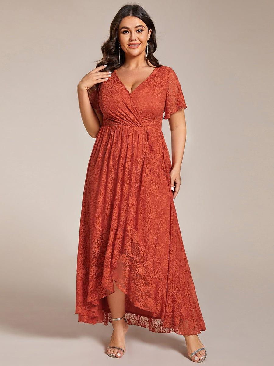 A-Line V-Neck Ruffles Lace Short Sleeve Formal Evening Dress