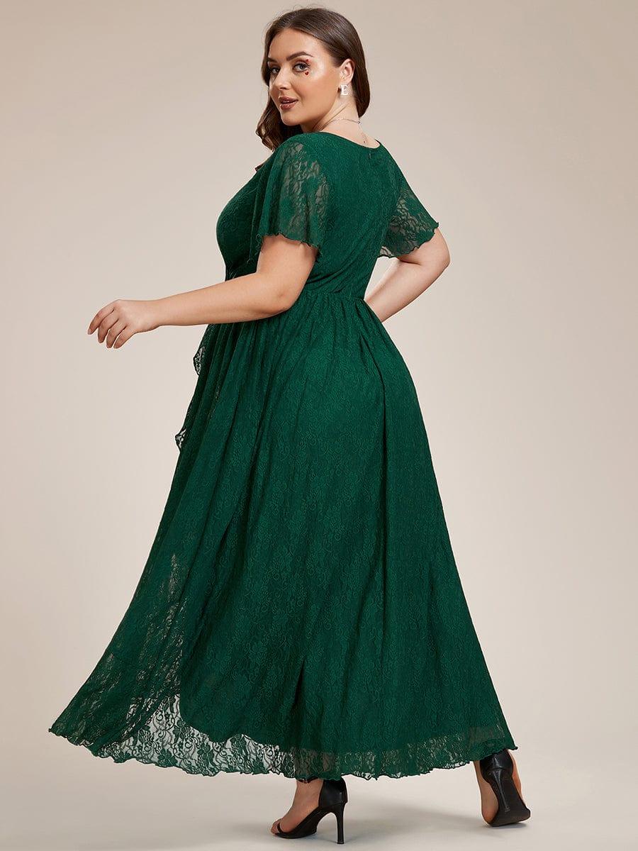 A-Line V-Neck Ruffles Lace Short Sleeve Formal Evening Dress