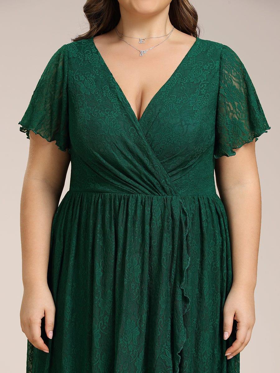 A-Line V-Neck Ruffles Lace Short Sleeve Formal Evening Dress