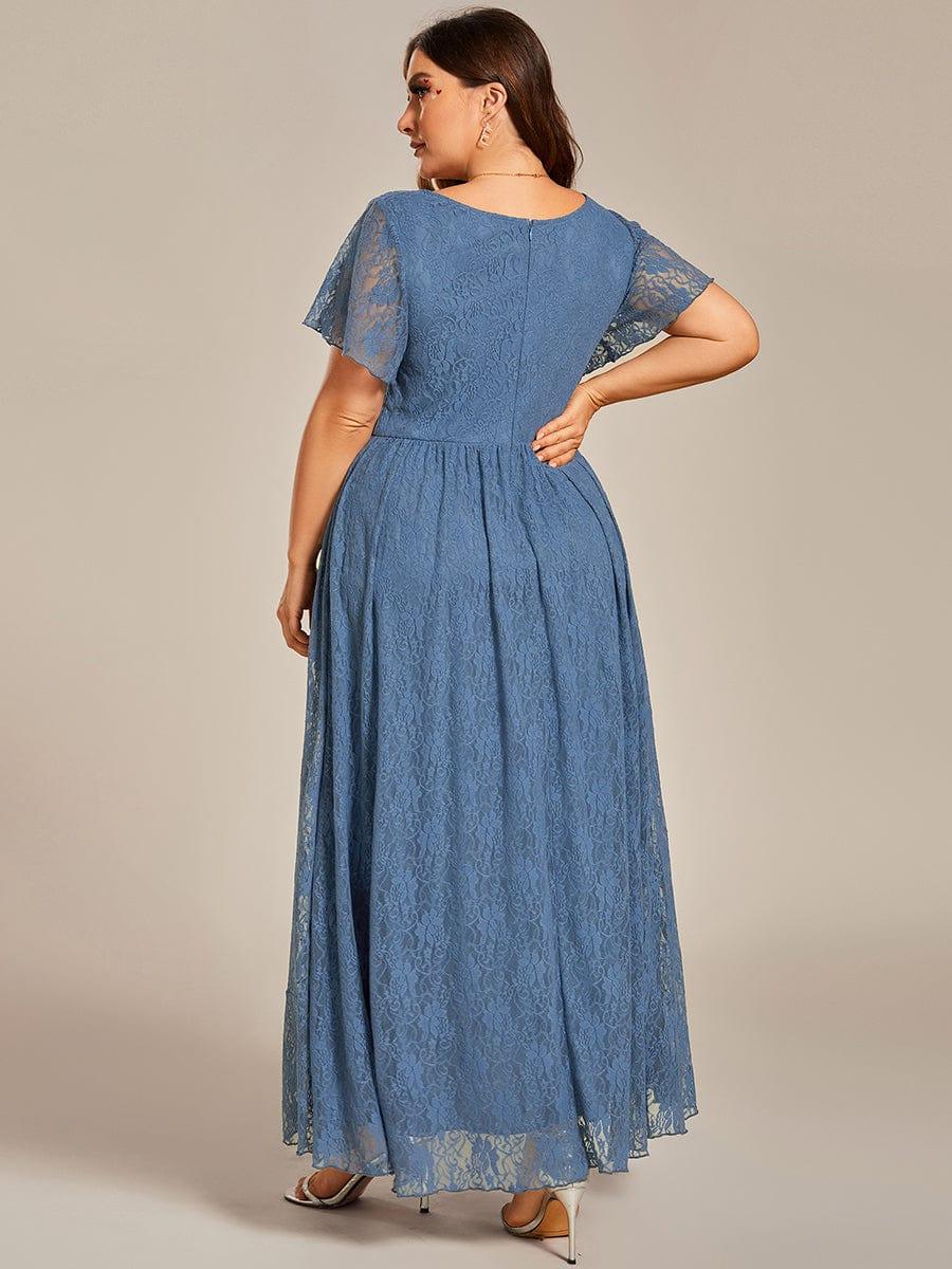 A-Line V-Neck Ruffles Lace Short Sleeve Formal Evening Dress