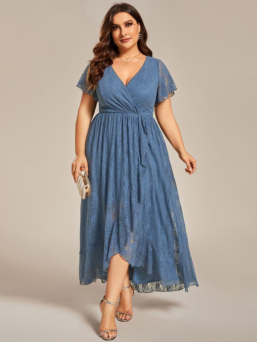 A-Line V-Neck Ruffles Lace Short Sleeve Formal Evening Dress