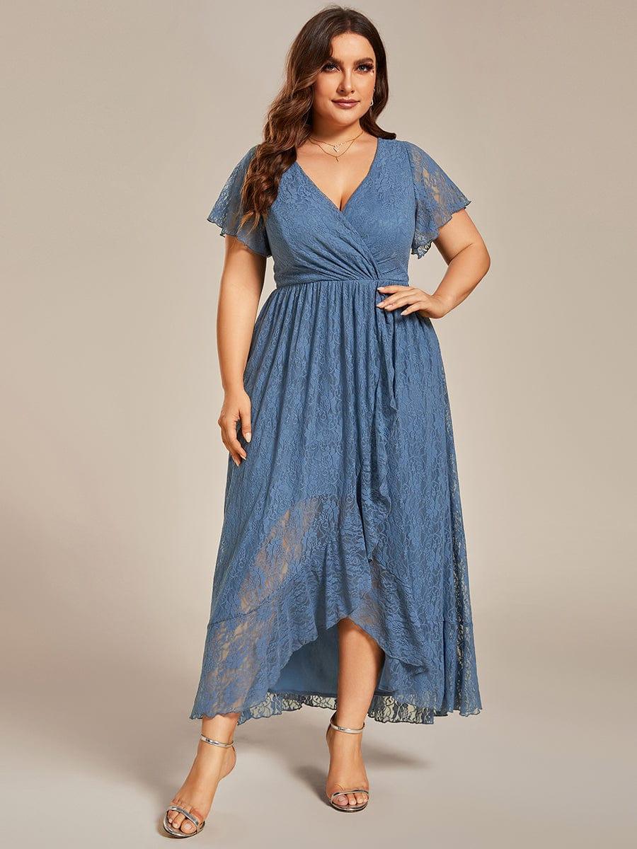 A-Line V-Neck Ruffles Lace Short Sleeve Formal Evening Dress