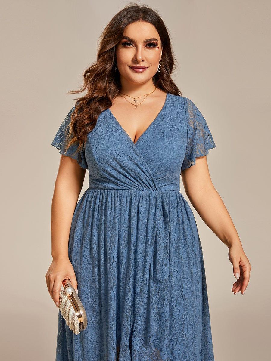 A-Line V-Neck Ruffles Lace Short Sleeve Formal Evening Dress