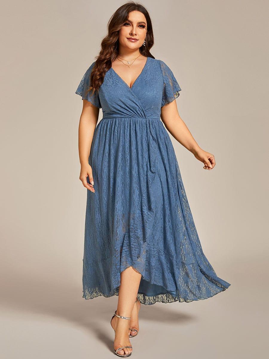 A-Line V-Neck Ruffles Lace Short Sleeve Formal Evening Dress