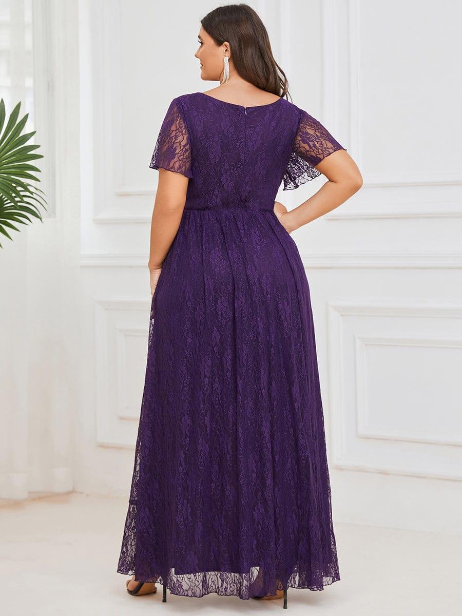 A-Line V-Neck Ruffles Lace Short Sleeve Formal Evening Dress