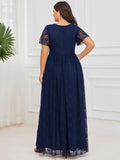 A-Line V-Neck Ruffles Lace Short Sleeve Formal Evening Dress