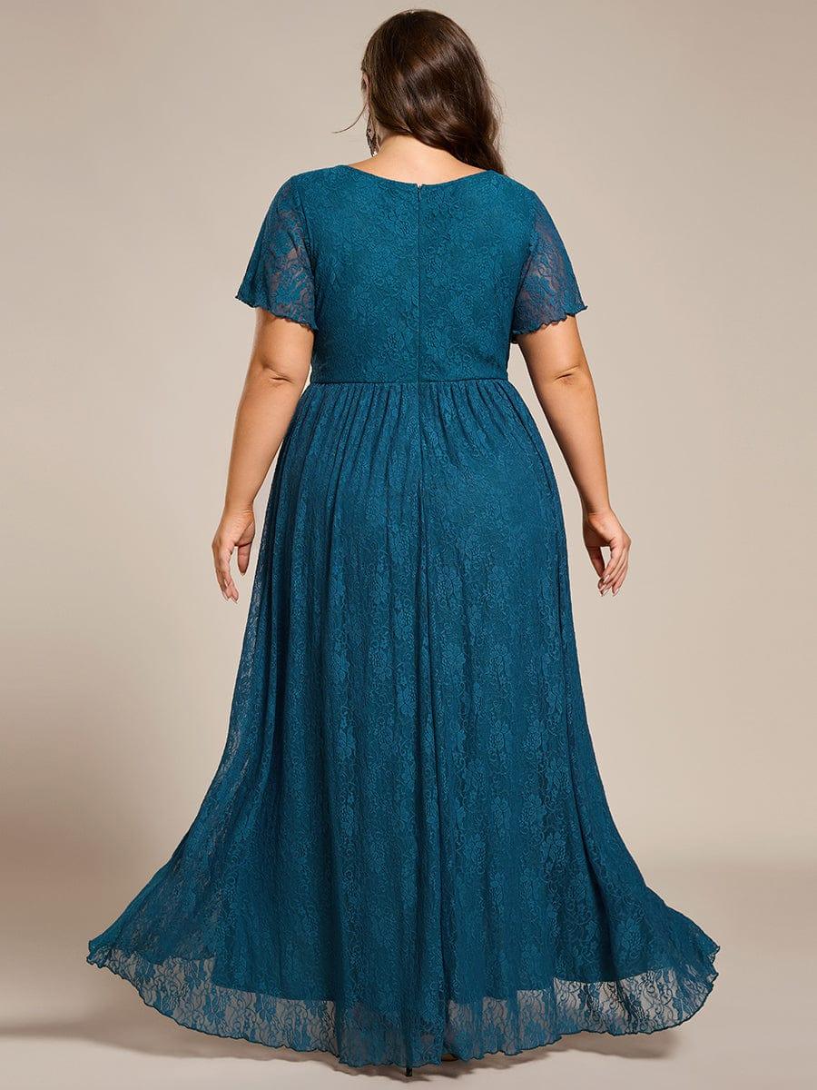 A-Line V-Neck Ruffles Lace Short Sleeve Formal Evening Dress