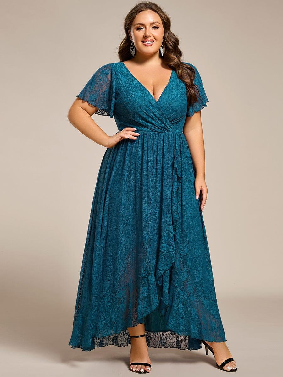 A-Line V-Neck Ruffles Lace Short Sleeve Formal Evening Dress