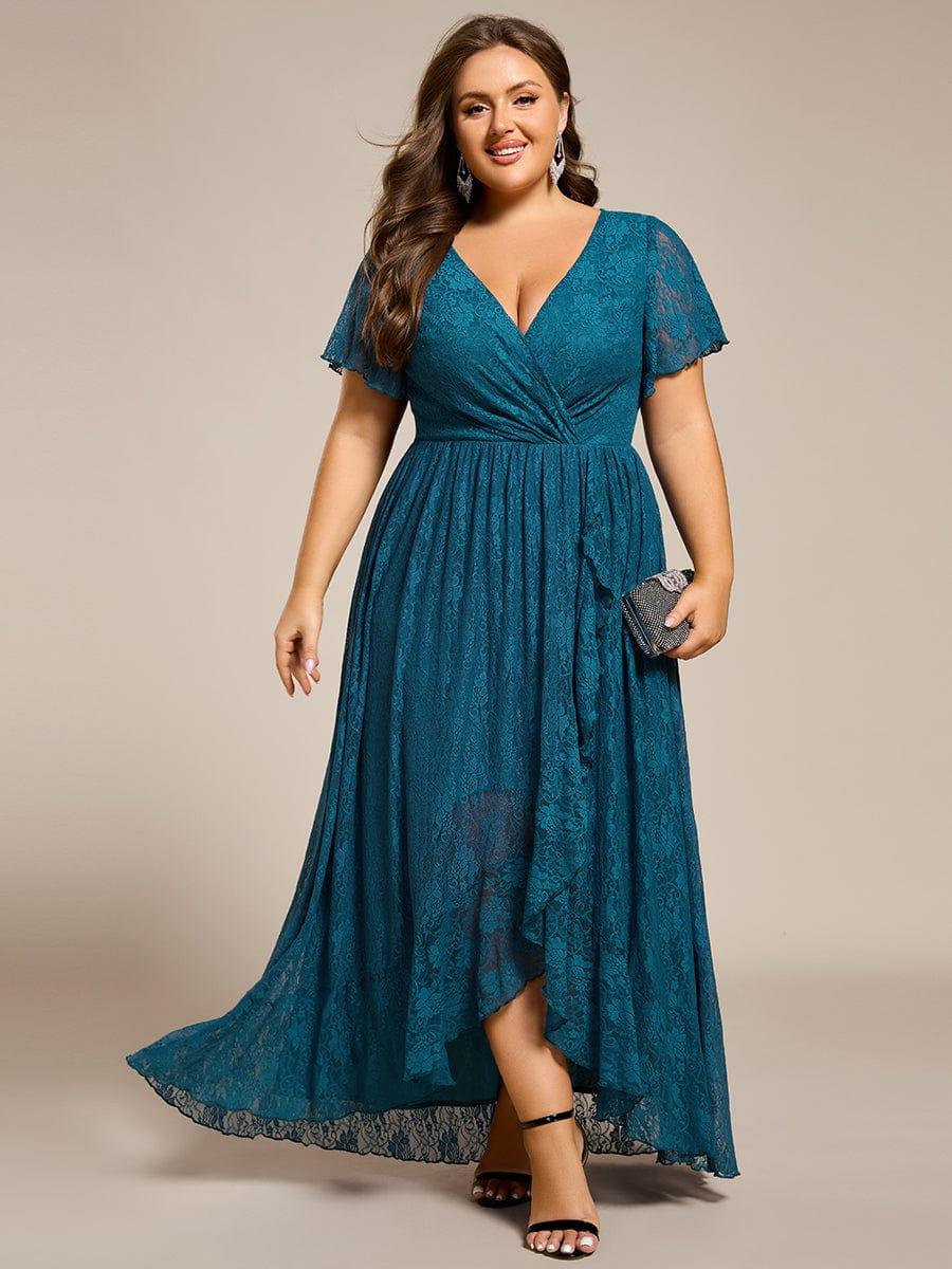 A-Line V-Neck Ruffles Lace Short Sleeve Formal Evening Dress
