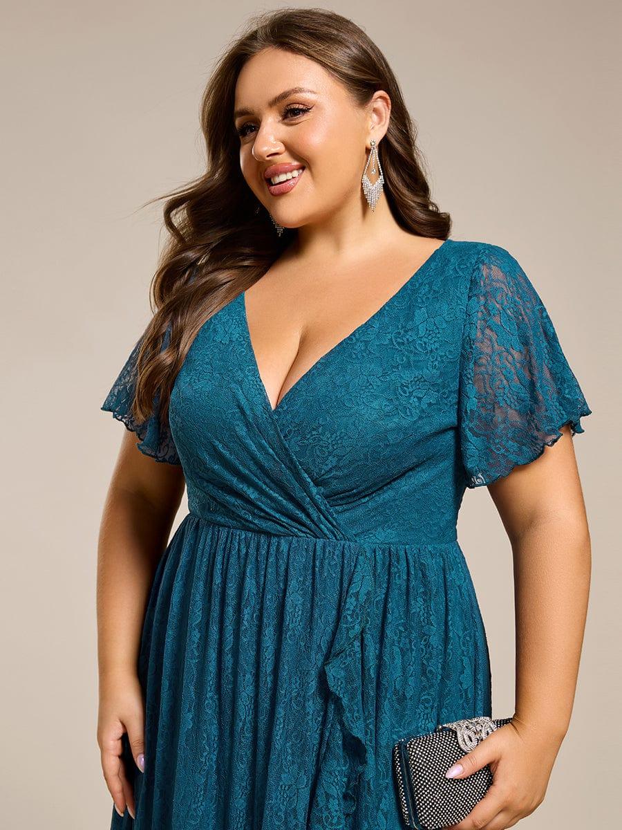 A-Line V-Neck Ruffles Lace Short Sleeve Formal Evening Dress