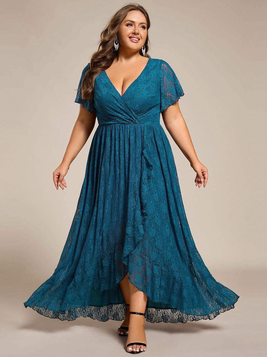 A-Line V-Neck Ruffles Lace Short Sleeve Formal Evening Dress