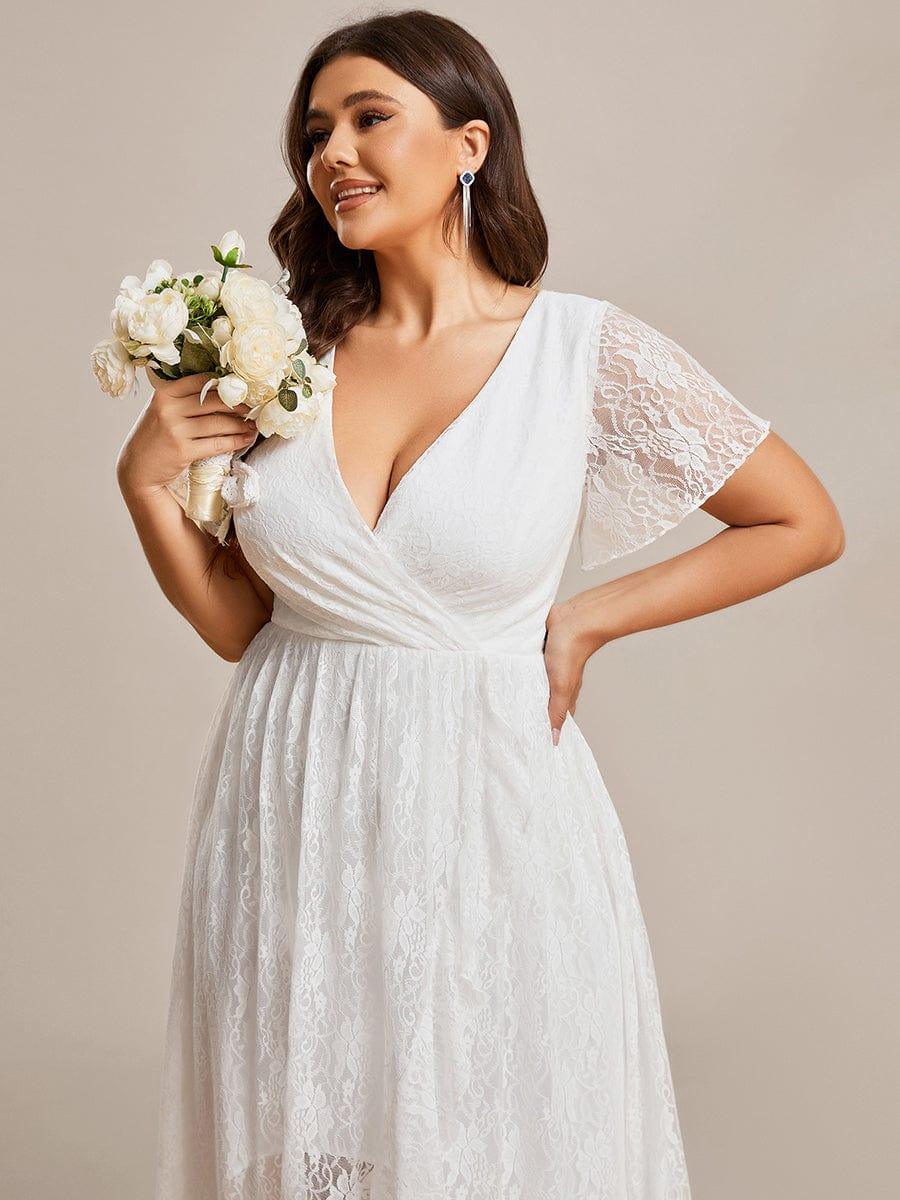 A-Line V-Neck Ruffles Lace Short Sleeve Formal Evening Dress