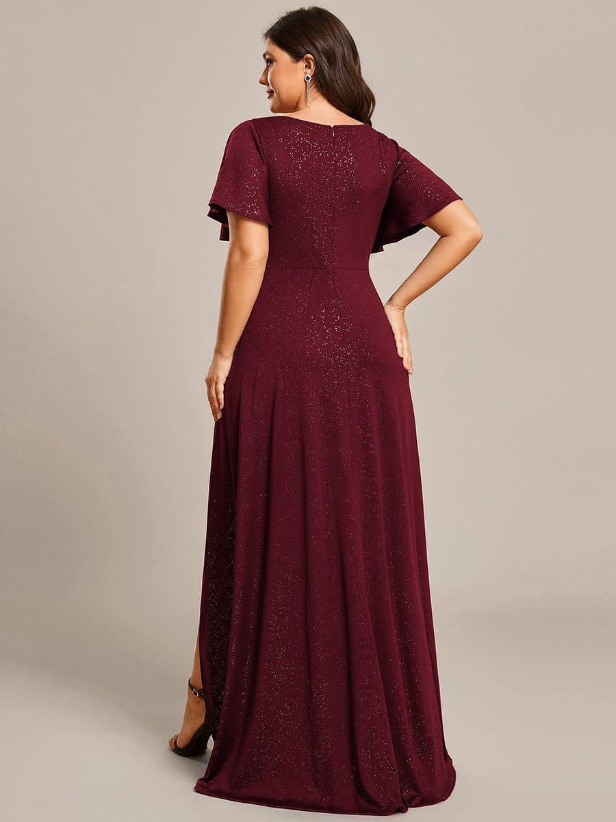 Empire-Waist A-Line Glitter Ruffles High-Low Plus Size Evening Dress with Slit