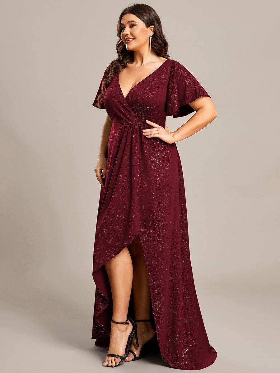Empire-Waist A-Line Glitter Ruffles High-Low Plus Size Evening Dress with Slit