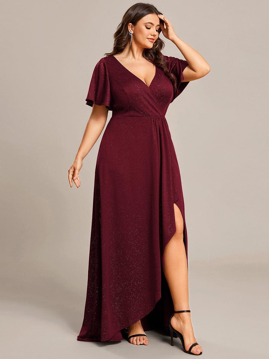 Empire-Waist A-Line Glitter Ruffles High-Low Plus Size Evening Dress with Slit