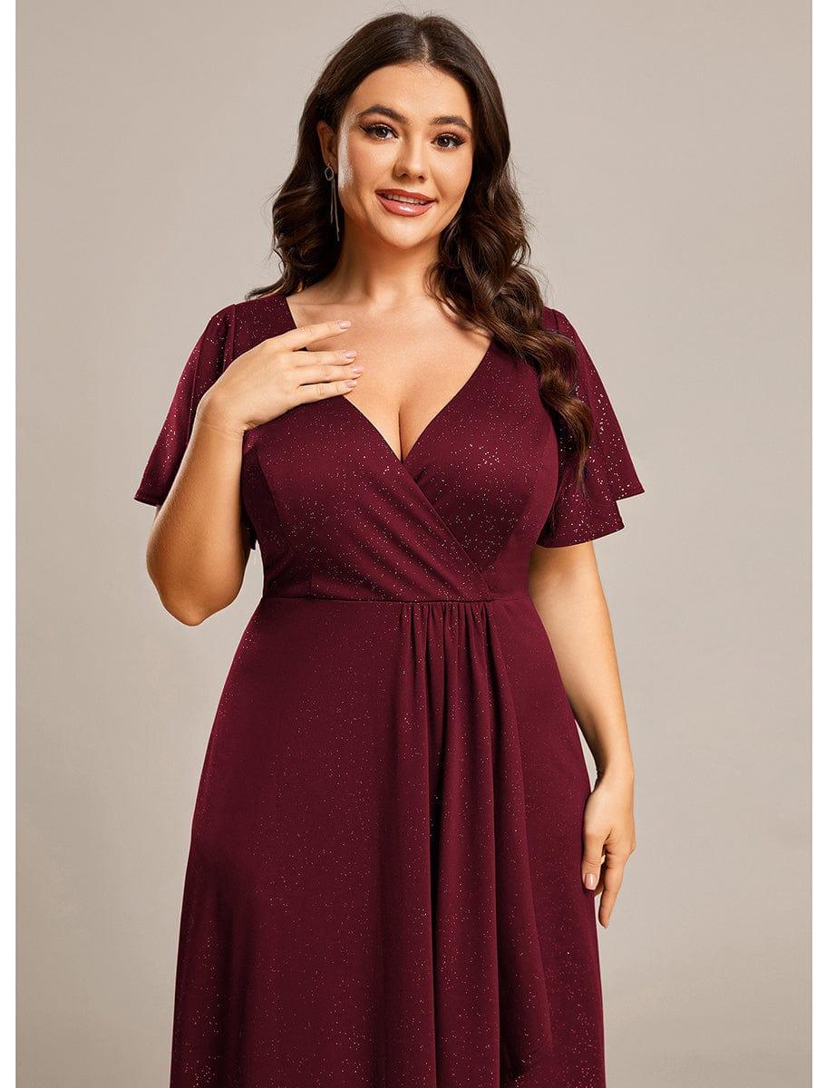 Empire-Waist A-Line Glitter Ruffles High-Low Plus Size Evening Dress with Slit