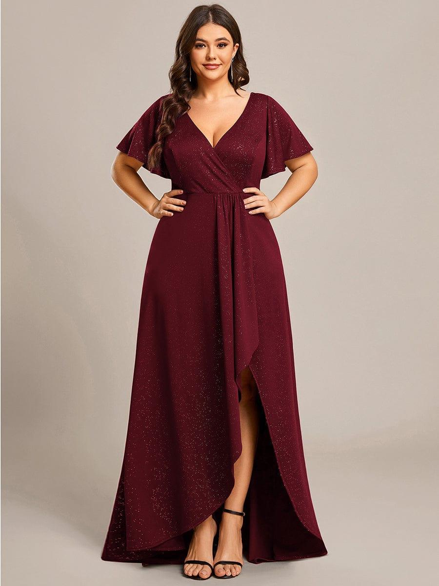 Empire-Waist A-Line Glitter Ruffles High-Low Plus Size Evening Dress with Slit