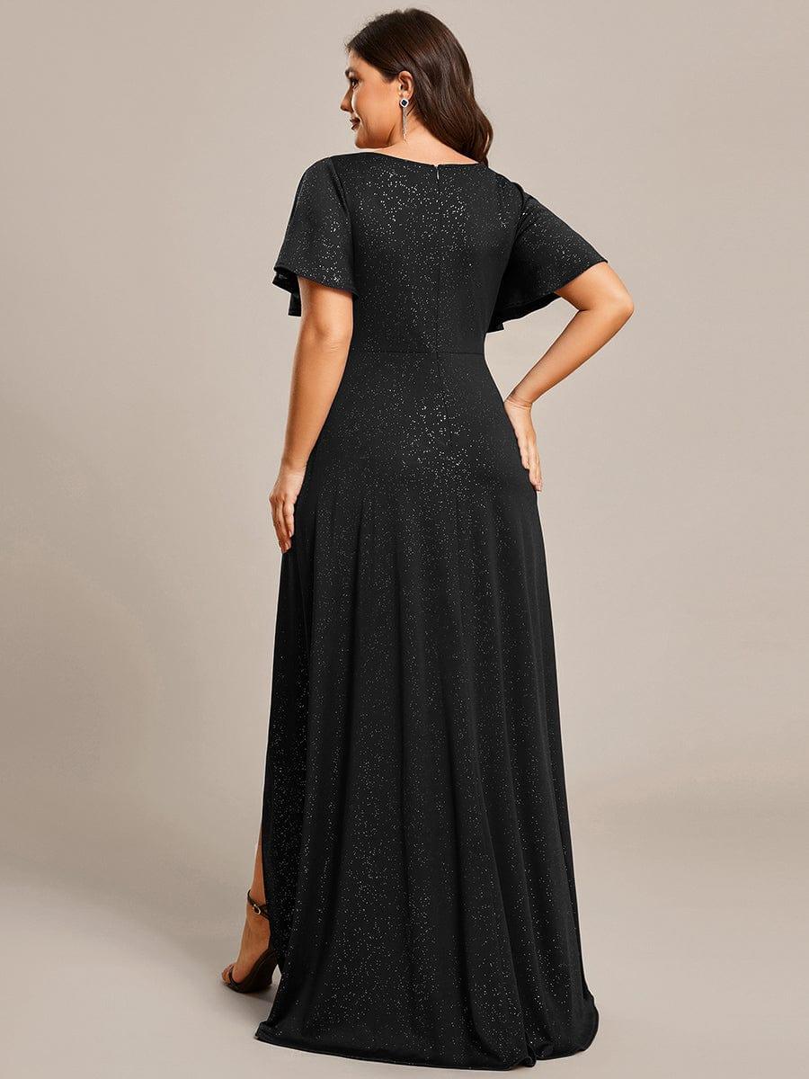 Empire-Waist A-Line Glitter Ruffles High-Low Plus Size Evening Dress with Slit