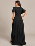 Empire-Waist A-Line Glitter Ruffles High-Low Plus Size Evening Dress with Slit